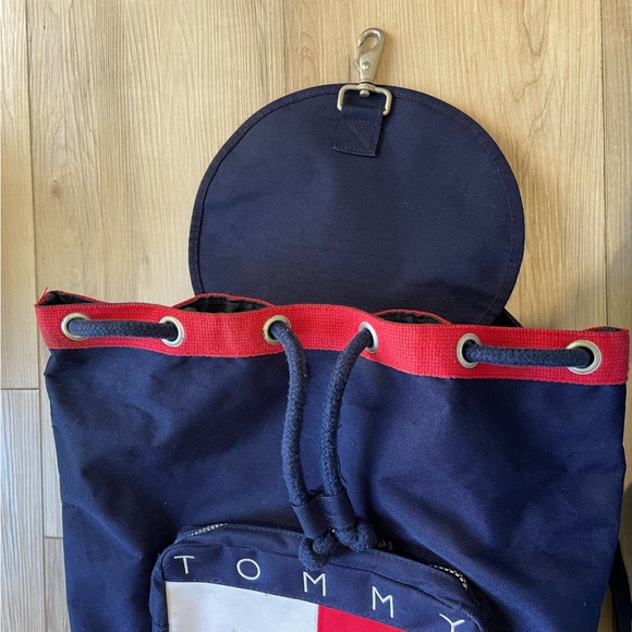 Vtg 90s Tommy Hilfiger Flag Logo Cinch Backpack, Canvas Tote, School Bag - Picture 6 of 16